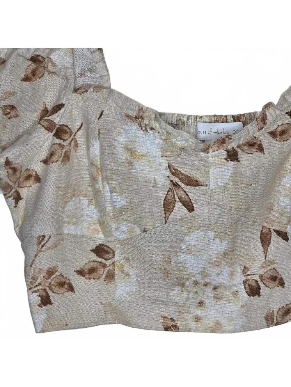 House of Harlow Samina Cropped Linen Blend Top Size 8 Cream Tan Floral